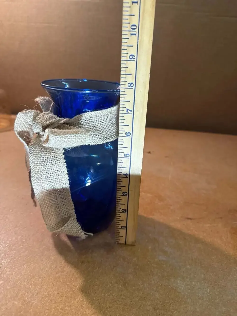 Cobalt Blue Glass Vase with Burlap Ribbon Accent